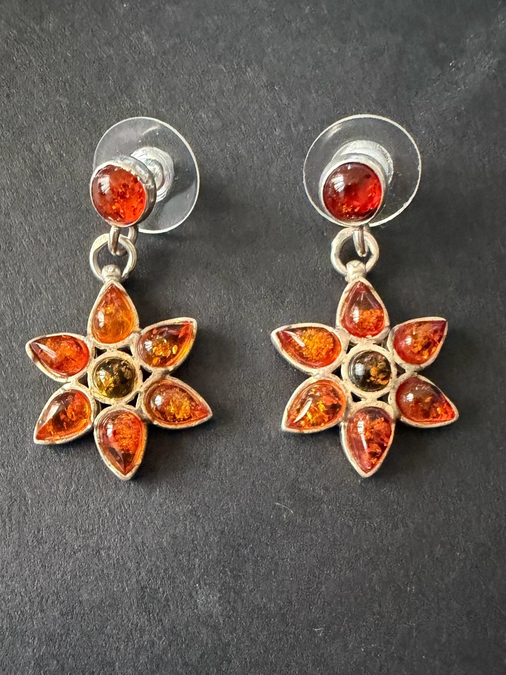 Vintage 925 Sterling Silver Multi-Tone Baltic Amber Flower Drop Stud Earrings